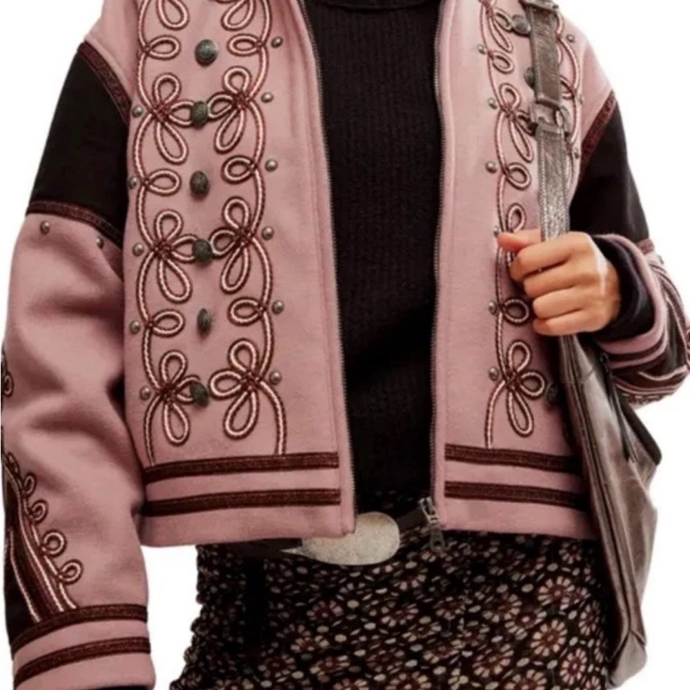 Free People Boy Band Bomber Jacket We The Free Embroidered Zipper Woodrose Sz M